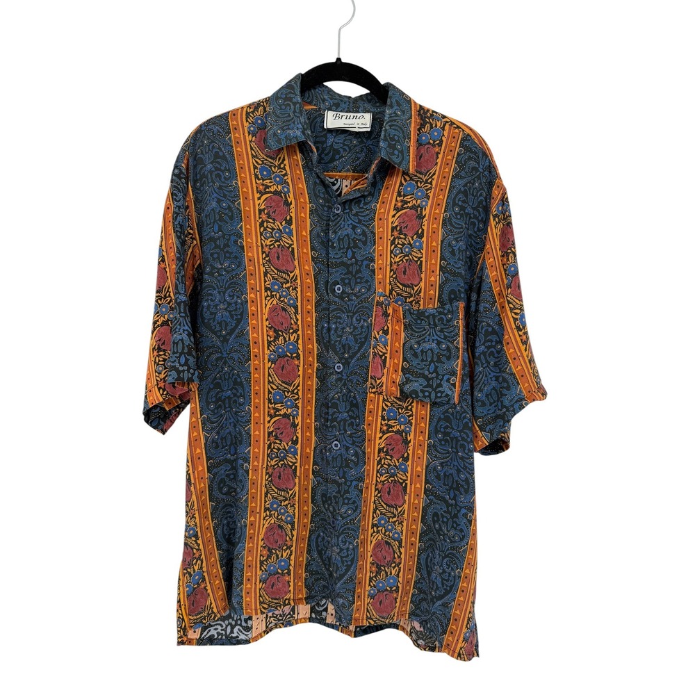 Bruno Mens Short Sleeve Button Down Shirt Blue Orange Paisley Floral Italy Sz M